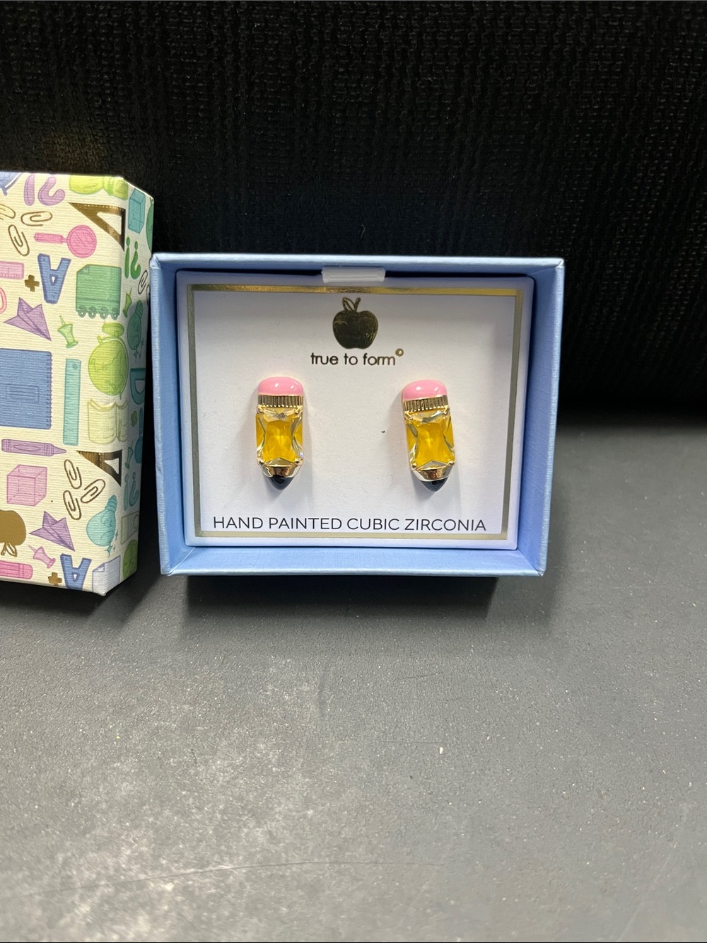 NIB True to Form Yellow Pencil Cubic Zirconia Stud Earrings with Pink Accents